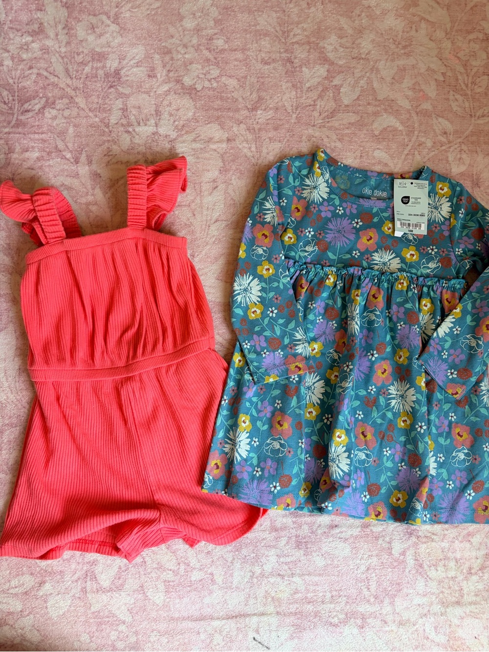 Old navy Coral Pink Ribbed Romper & Blue Floral Top Set